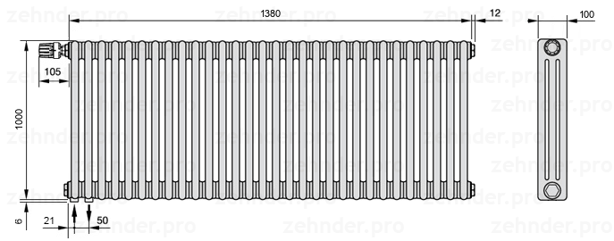 Схема (чертеж) Радиатор Zehnder Charleston 3100/30 №V001 Белый глянцевый RAL 9016